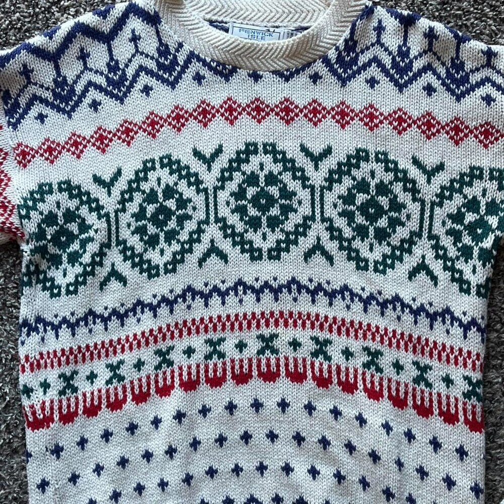 Vintage Penwick Isle Aran Sweater Mens M White Geometric Retro Eclectic Grandpa - Picture 2 of 8